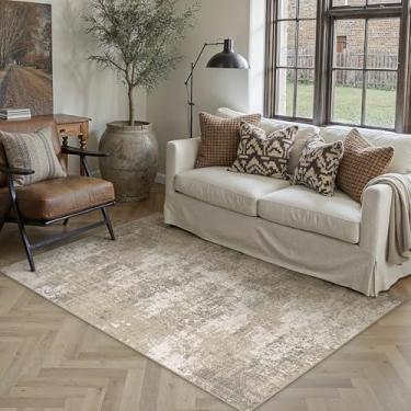 Imagem de PureCozy Tapete bege lavável na máquina, moderno, abstrato, escritório, neutro, antiderrapante, entrada interna, camada baixa, macio, não descama, tapete pequeno para quarto, cozinha, lavanderia, sala