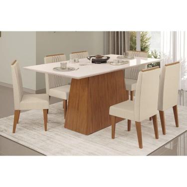 Imagem de Conjunto: Mesa Sala Jantar Dulce c/ Tampo Madeirado c/ Vidro Reto 180x90cm e 6 Cadeiras Lia Freijo/Off White - Linho Neve DJ Móveis