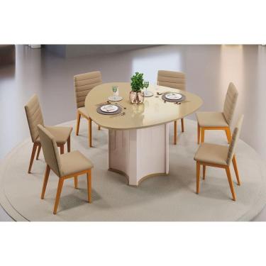 Imagem de Conjunto: Mesa Sala Jantar Chanel c/ Tampo Madeirado c/ Vidro Orgânico 136x136cm e 6 Cadeiras Sofia Off White/Dourado - Ipe/Linho Bege - DJ Móveis