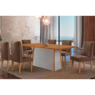 Imagem de Mesa Cozinha Tilia c/ Tampo Madeirado Canto Curvo 180x90cm e 6 Cadeiras Dafne Madeira Maciça Naturale/Off White - Capuccino/Suede Marrom-Rufato