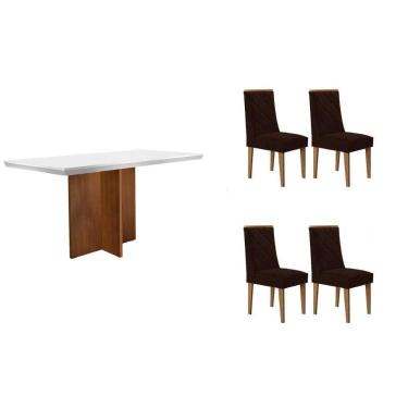 Imagem de Mesa Cozinha Berlim c/ Tampo Madeirado c/ Vidro Canto Curvo 120x80cm e 4 Cadeiras Pietá Madeira Maciça Naturale/Off White - Capuccino/Suede Marrom-Ruf