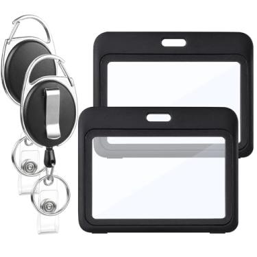 Imagem de Pacote com 2 porta-crachás retráteis, carretéis resistentes com janelas frente e verso, suporte horizontal para crachá de identificação para mulheres, enfermeiras, professoras, estudantes