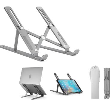 Imagem de Suporte Para Notebook em Alumínio Dobrável Portátil e Ergonômico Para Desktop Portátil Ajustável em 6 Ângulos com Altura Regulável Leve Universal - Com Case para Armazenagem - Premium Hytalux