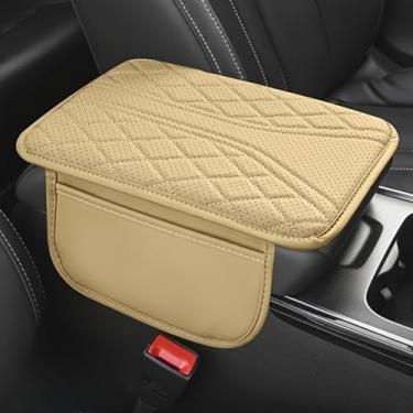 Imagem de Almofada de apoio de braço de carro de couro PU com bolsa de armazenamento design acolchoado confortável descanso de cotovelo ajuste universal para dirigir viagens, bege