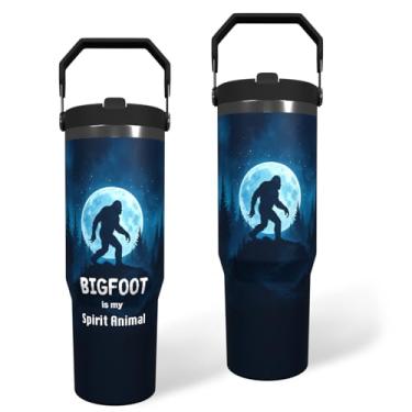 Imagem de Copo de pé grande com alça caneca de viagem Sasquatch xícara de café pé grande garrafa de aço inoxidável presentes para homens mulheres impressão engraçada de vidro de pé grande (azul escuro, 850 g)