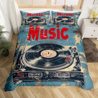 Imagem de jejeloiu Capa de edredom de vinil retrô 83s Queen Size para meninos e meninas, crianças, toca-discos vintage, músico, notas musicais, capa de edredom macio para todas as estações, 3 peças, sem edredom