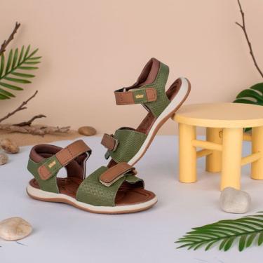 Imagem de Sandália Infantil Menino Kidy Baby Verde Militar e Caramelo Primeiros Passos