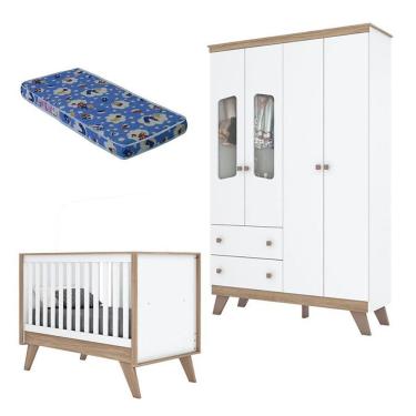 Imagem de Berço Americano e Guarda Roupa Infantil Confete com Colchão Ortobom 4 Portas de Bater 2...