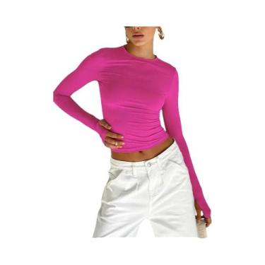 Imagem de Camiseta Cropped Feminina Slim Fit De Manga Longa Com Gola Redonda E A