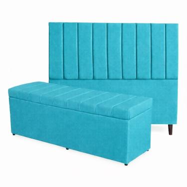 Imagem de Kit De Quarto Roma Cabeceira De Cama Box E Calçadeira Baú Casal Queen 160 Cm Suede Azul Turquesa Lar Móveis E Decoração
