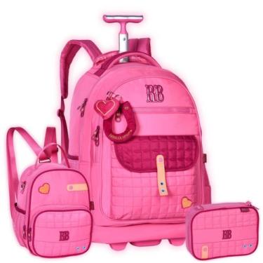 Imagem de Kit Mochila Rodas Rebecca Bonbon Matelassê Lancheira Estojo Cor:Rosa, 