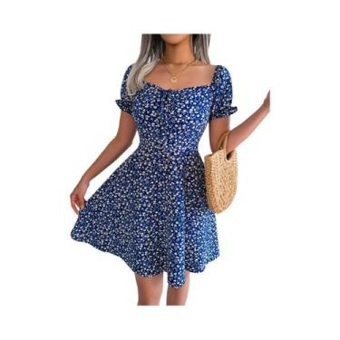 Imagem de Vestido Floral Feminino Em A, Casual, Com Decote Quadrado E Mangas Cur