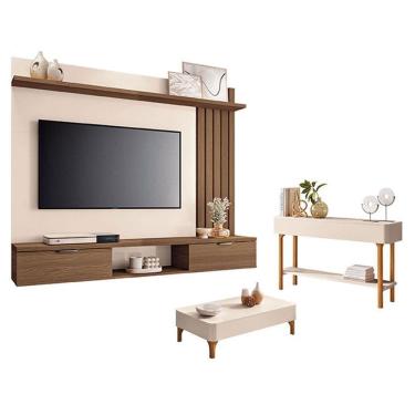 Imagem de Painel Suspenso Lets Castanho Off White com Mesa de Centro Liz e Aparador Fiero Off White - HB Móveis