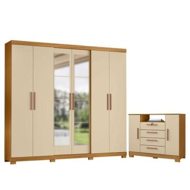 Imagem de Cômoda Madri E Guarda Roupa Casal San Diego Com Espelho Carvalho Americano Off White - Incorplac