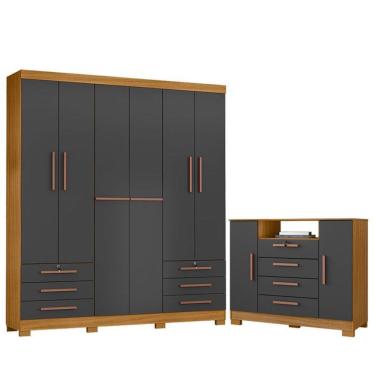 Imagem de Cômoda Madri E Guarda Roupa Casal Londres Carvalho Americano Grafite- Incorplac