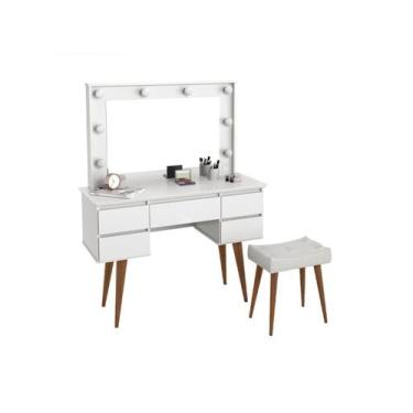 Imagem de Penteadeira Camarim Com Banqueta 5 Gavetas 120cm Strass Patrimar Branc