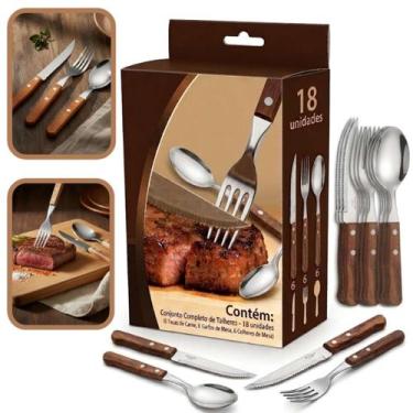 Imagem de Jogo de Talheres Garfo Colher Faca Aço Inox Madeira 18Peças - Útil Baz
