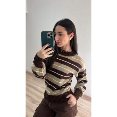 Imagem de Blusa Feminina Básica Listrada Tricot Inverno Cor:Bege/MarromTamanho:3