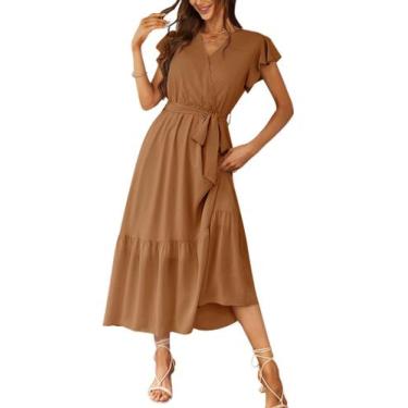 Imagem de Vestido PRETTYGARDEN cruzado con escote en V, manga corta, marrón, tal