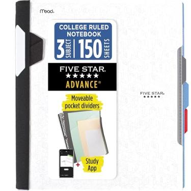 Imagem de Five Star Caderno espiral Advance Plus Study App, 3 assuntos, papel pautado universitário, 28 x 21 cm, 150 folhas, com protetor espiral e divisórias móveis, branco, 1 unidade (73142)