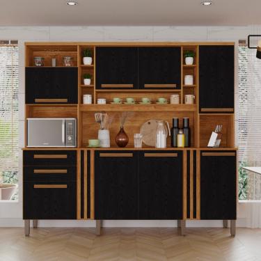 Imagem de Armário de Cozinha Completo Acácia 8 Portas 2 Gavetas MDF-MDP 218CM Preto e Cinamomo Sallêto Móveis