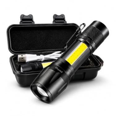 Imagem de Lanterna LED Recarregável USB Super Forte com Zoom Ajustável, Luz Lateral COB, 3 Modos de Iluminação, Compacta em Alumínio, Ideal para Camping, Emergência, Trabalho e Uso Diário