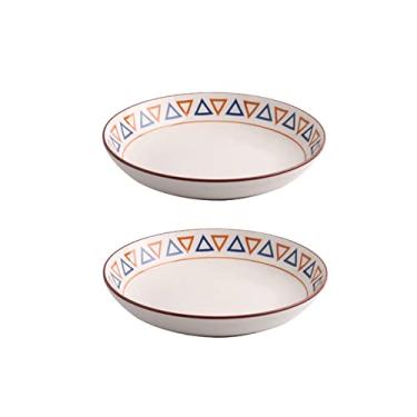 Imagem de Prato de massa, pratos de jantar de cerâmica chinesa, prato redondo de porcelana para casa, padrão geométrico, prato de prato com estampa de flores para micro-ondas/lava-louças (cor: D)