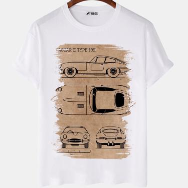 Imagem de Camiseta masculina Jaguar E Type 1961 Carro Desenho Camisa Blusa Branca Estampada