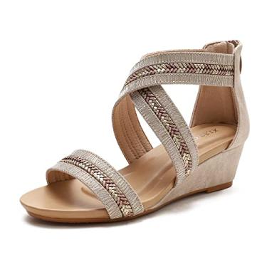 Imagem de Sandália feminina anabela minimalista cruzada tira no tornozelo sapatos romanos zíper nas costas casual verão, 1 damasco, 38 BR