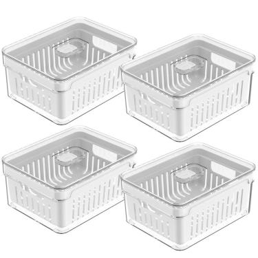 Imagem de Kit 4 Organizadores De Geladeira Com Cestos Escorredores 2,2L Caixas Plásticas Para Legumes Clear Fresh