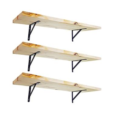 Imagem de KIT 3 Prateleira Madeira Nicho Estante Painel Pinus 60x20 + Mão Francesa Aço (Preto)