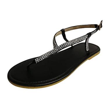 Imagem de Sandálias de verão para mulheres moda verão salto baixo strass boêmio elegante sapatos festa confortável slide casual sandálias de praia, M01 - preto, 9.5-10
