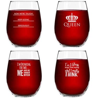 Imagem de Conjunto de 4 copos de vinho sem haste engraçados (35 ml) - presente divertido de vinho, para mulheres, festas, eventos, festas divertidas - taça de vinho para amantes de vinho com frases engraçadas