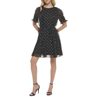 Imagem de Tommy Hilfiger Vestido feminino justo e flare chiffon manga curta gola redonda, Preto/rosa, 42