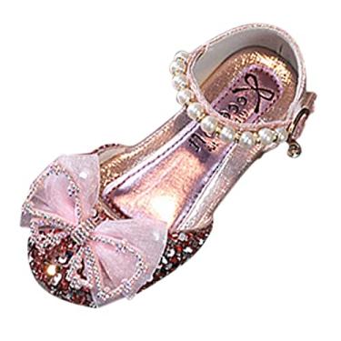 Imagem de Sandálias modernas de verão para meninas sapatos de dança de desempenho com lantejoulas lisas e luz pérola laço de malha de gato e meninas chinelos (rosa, crianças de 9,5 a 10 anos)
