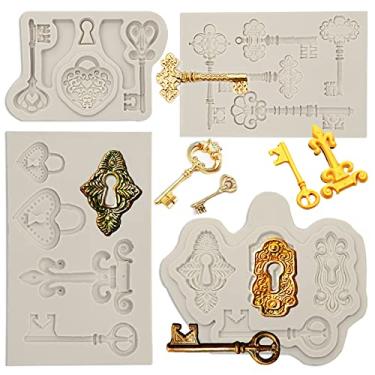 Imagem de Moldes para fondant de chave vintage (pacote com 4), molde de silicone para chocolate, muylulin