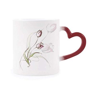 Imagem de Caneca de grés vermelha com tulipa pintada à mão com flor rosa sensível ao calor
