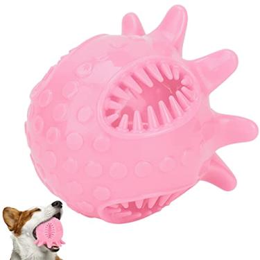 Imagem de 01 Bola dispensadora de alimentos para animais de estimação, massageia as gengivas, cães mastigáveis, brinquedos de limpeza profunda resistente a mordidas brinquedo de escova de dentes para cães para entretenimento (rosa)