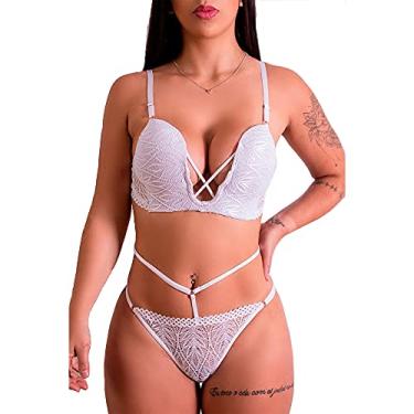 Imagem de LINGERIE FASCINO - Conjunto de Sutiã Decotado Com Detalhe em Strappy E Calcinha Com Renda Branco Tamanho GG