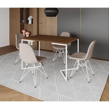 Imagem de Mesa Jantar Industrial Retangular Base V 120x75cm Amêndoa + 4 Cadeiras Estofada Nude Claro Aço Branc