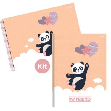 Imagem de Kit Caderno Urso Panda Brochura 80 Folhas E Desenho 60 Folhas Capa Dur