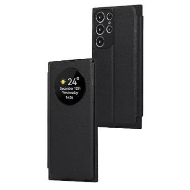 Imagem de CQSJX Capa flip para Samsung Galaxy S23 Ultra/S23 Plus/S23, suporta carregamento sem fio, janela transparente capa de couro PU com porta-cartão, preta, S23 6,1 polegadas