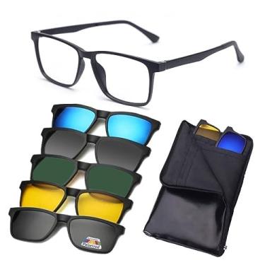 Imagem de Armação de Óculos para Grau + 5 Clip on Óculos Sol Masculino 6 Em 1 Magnético Polarizado Proteção UV Retangular Quadrado Redondo (9803 55-17-145)