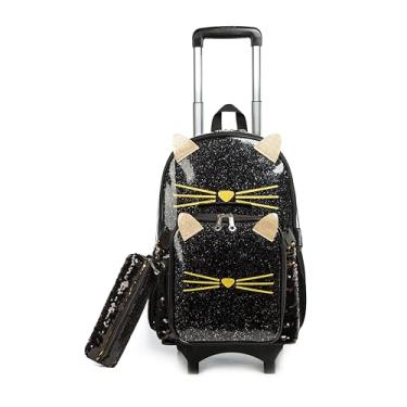 Imagem de Mochilas de Rodinhas Infantis CUTBLAJAT - Conjunto com Lancheira e Estojo - Estilo Gatinho Preto