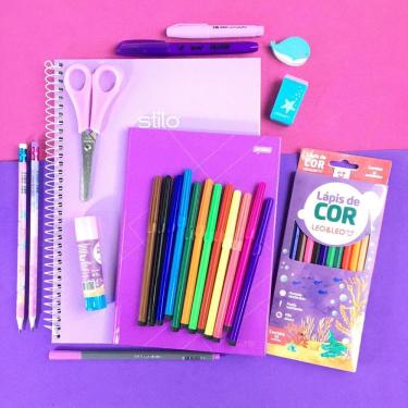 Imagem de Kit Papelaria Tons de Roxo Lilas Escolar Neon Pastel Material Escolar Caderno Lapis Canetinha