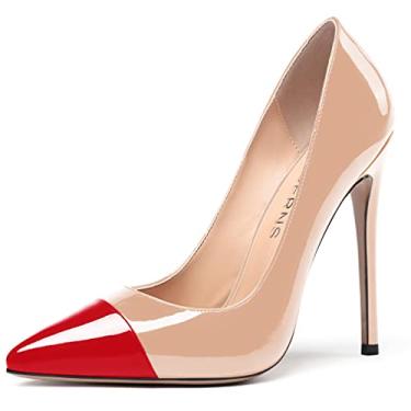 Imagem de WAYDERNS Sapatos femininos de salto alto stiletto de couro envernizado de ponta fina para festas de casamento 4,7 cm, Vermelho, bege, 5