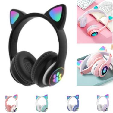 Imagem de Fone De Ouvido Com Led Infantil Orelhinha Gato MUSICA SEM FIO COLORIDO GATINHO Bluetooth (PRETO)