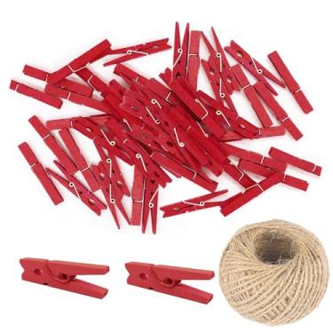 Imagem de 200 peças mini clipes de madeira natural de 25 mm prendedor de roupa DIY festa de casamento clipes de clipe de madeira pinos com fio de juta de 98 pés (vermelho)