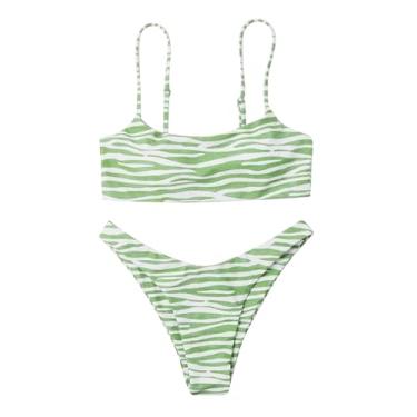 Imagem de Biquíni feminino multicolorido, listrado, sexy, estampa de praia, temperamento, roupa de banho dividida, tanquini com busto, Verde, GG