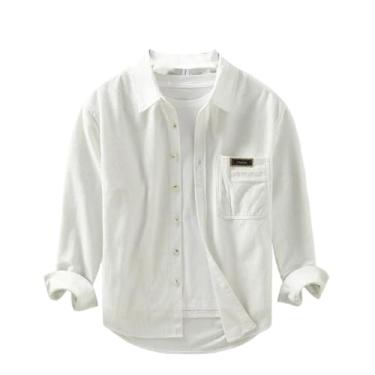 Imagem de Camisa masculina casual de manga comprida masculina de veludo cotelê de poliéster branca com botões, 2309 Branco, M
